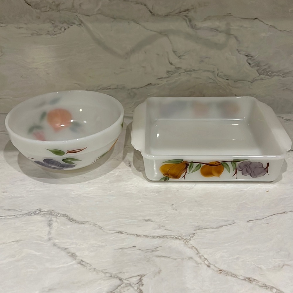 Fire King Gay Fad Hand Painted square Casserole and Bowl